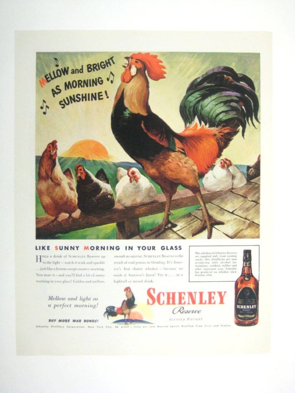 Vintage 1944 Schenley Reserve Whiskey AD Print Rooster Sunrise Chickens WWII Era